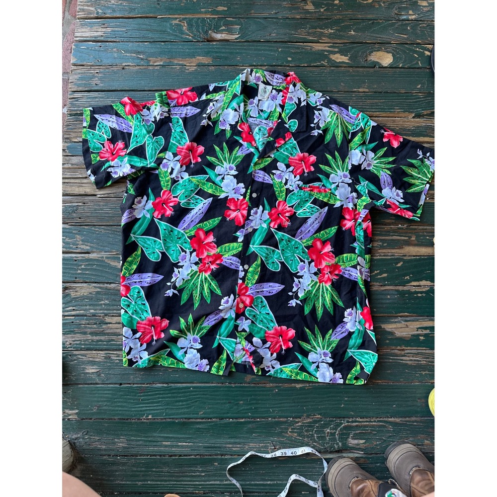 Royal Creations Hawaii Mens XL Floral Hibiscus Aloha Shirt Black Short Sleeve